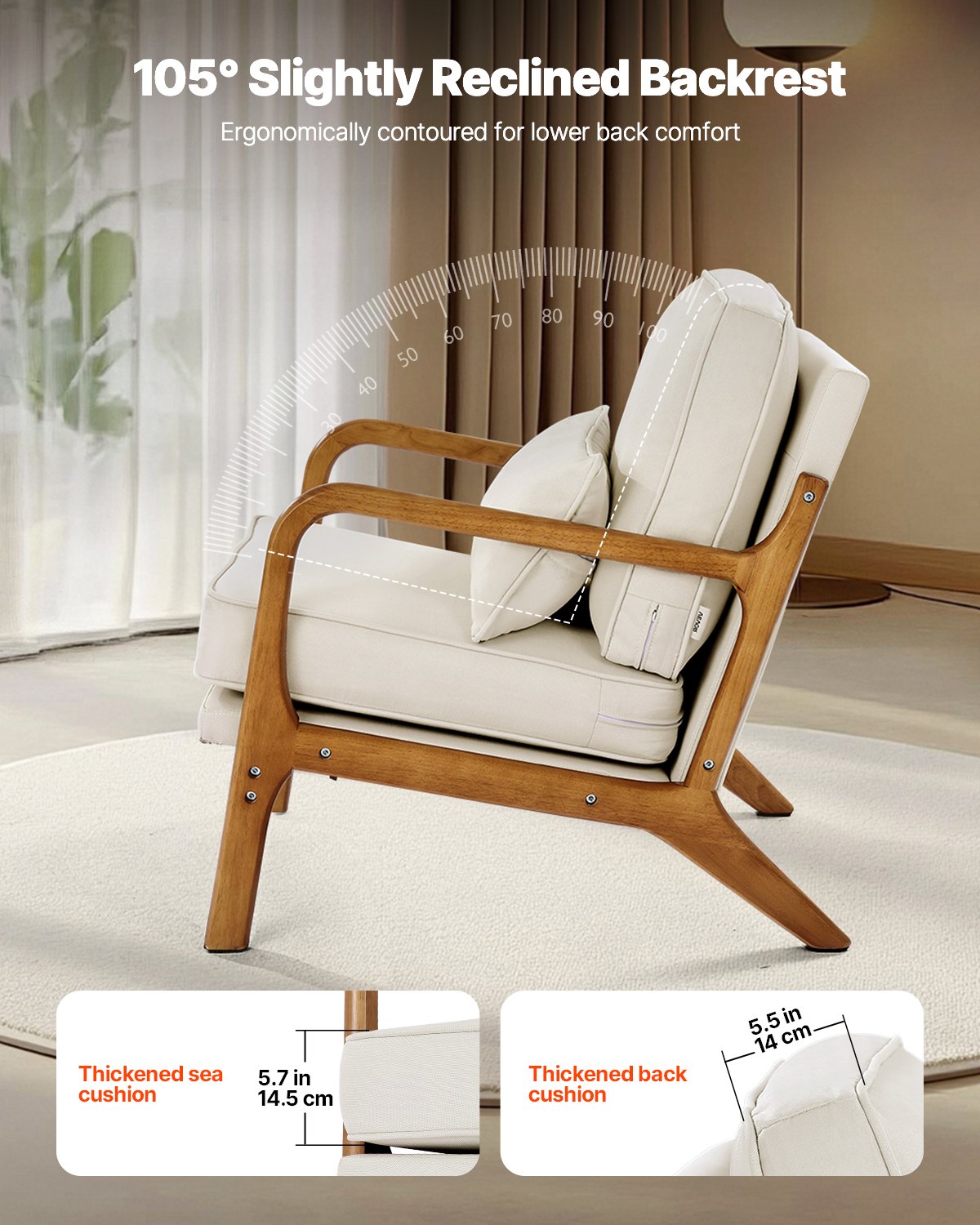Accent Chair, Mid Century Modern Armchair with Solid Wood Frame and Non-Slip Legs, Upholstered Leisure Chair with Linen Fabric and 5.7 in Thickened Cushion, for Living Room, Bedroom, Office