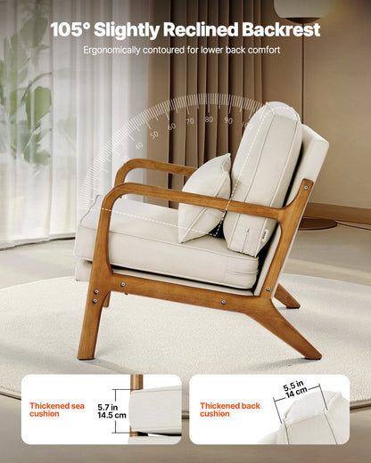 Accent Chair, Mid Century Modern Armchair with Solid Wood Frame and Non-Slip Legs, Upholstered Leisure Chair with Linen Fabric and 5.7 in Thickened Cushion, for Living Room, Bedroom, Office