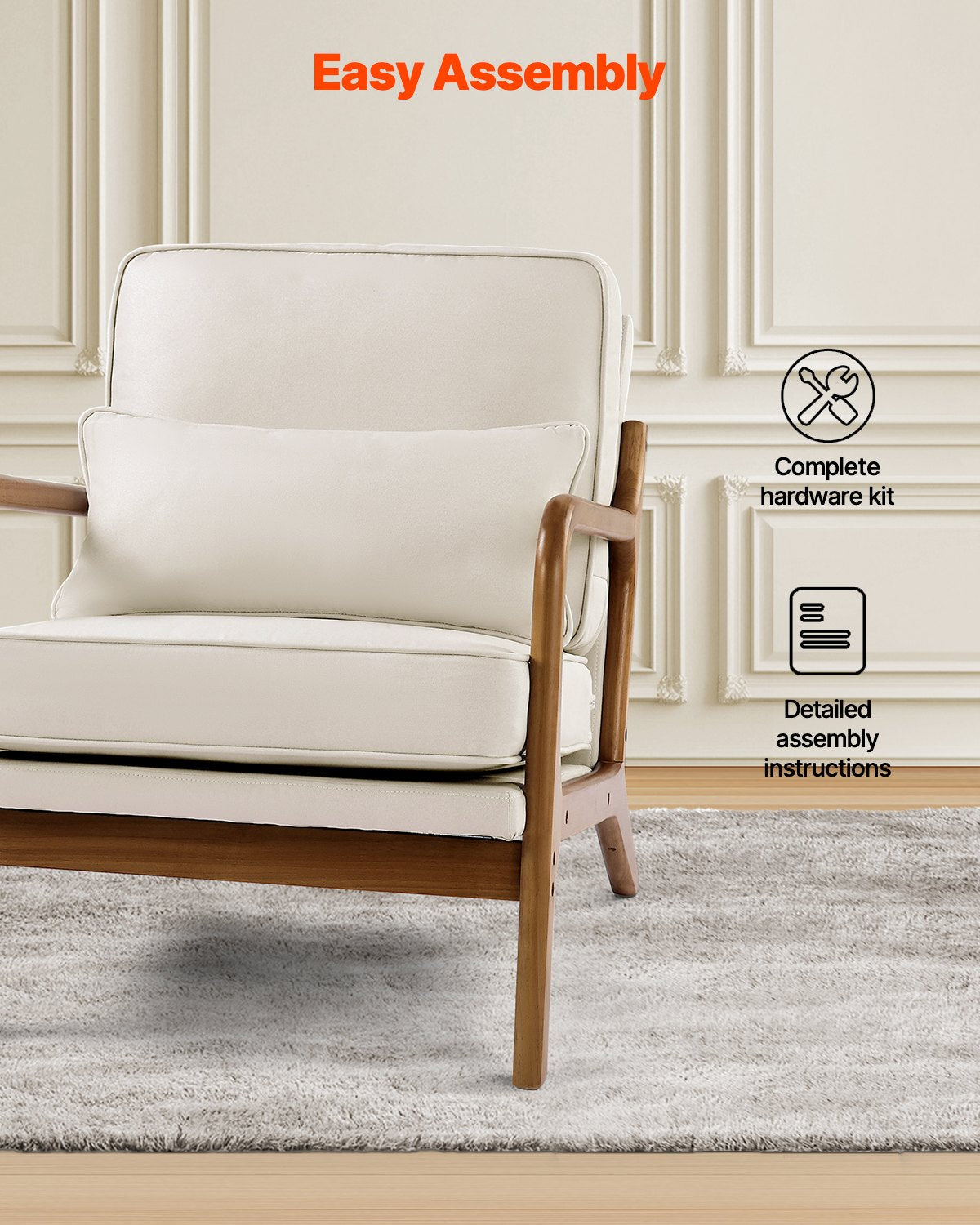 Accent Chair, Mid Century Modern Armchair with Solid Wood Frame and Non-Slip Legs, Upholstered Leisure Chair with Linen Fabric and 5.7 in Thickened Cushion, for Living Room, Bedroom, Office