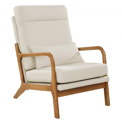 Accent Chair, High Back Mid Century Modern Armchair with Solid Wood Frame and Non-Slip Legs, Upholstered Leisure Chair with Linen Fabric and 5.3 in Thickened Cushion, for Living Room, Bedroom