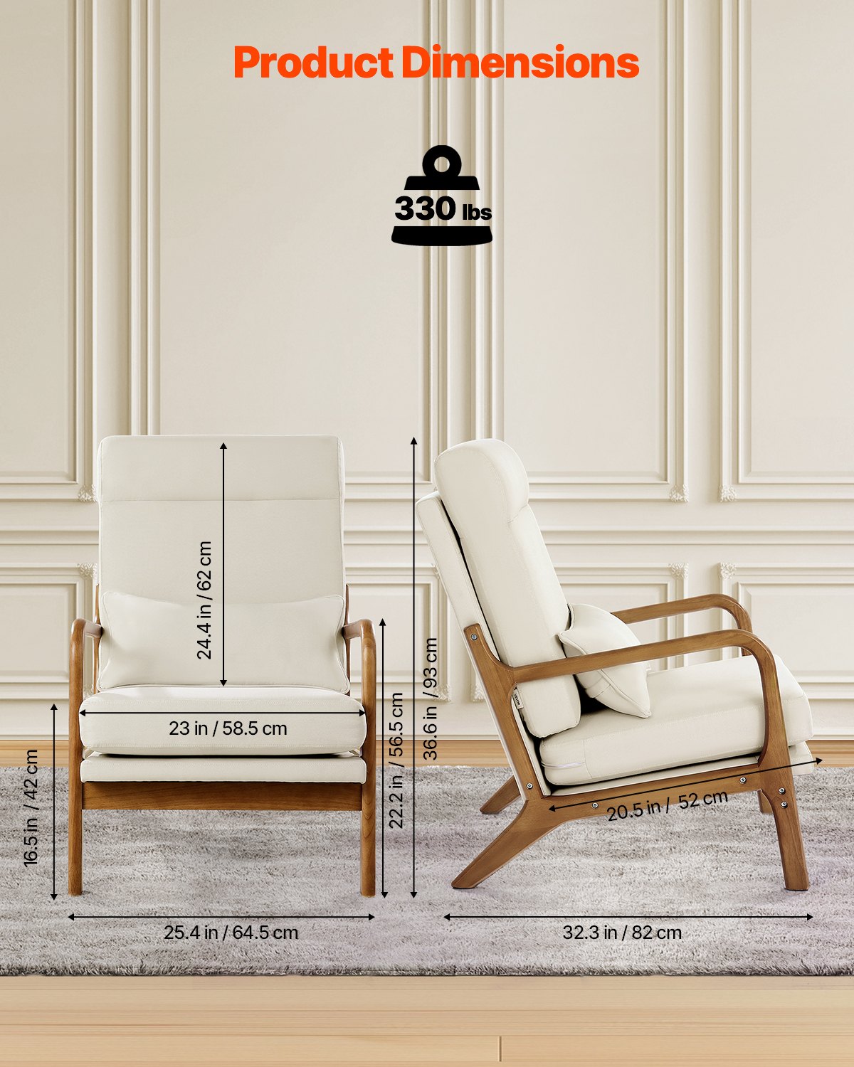 Accent Chair, High Back Mid Century Modern Armchair with Solid Wood Frame and Non-Slip Legs, Upholstered Leisure Chair with Linen Fabric and 5.3 in Thickened Cushion, for Living Room, Bedroom