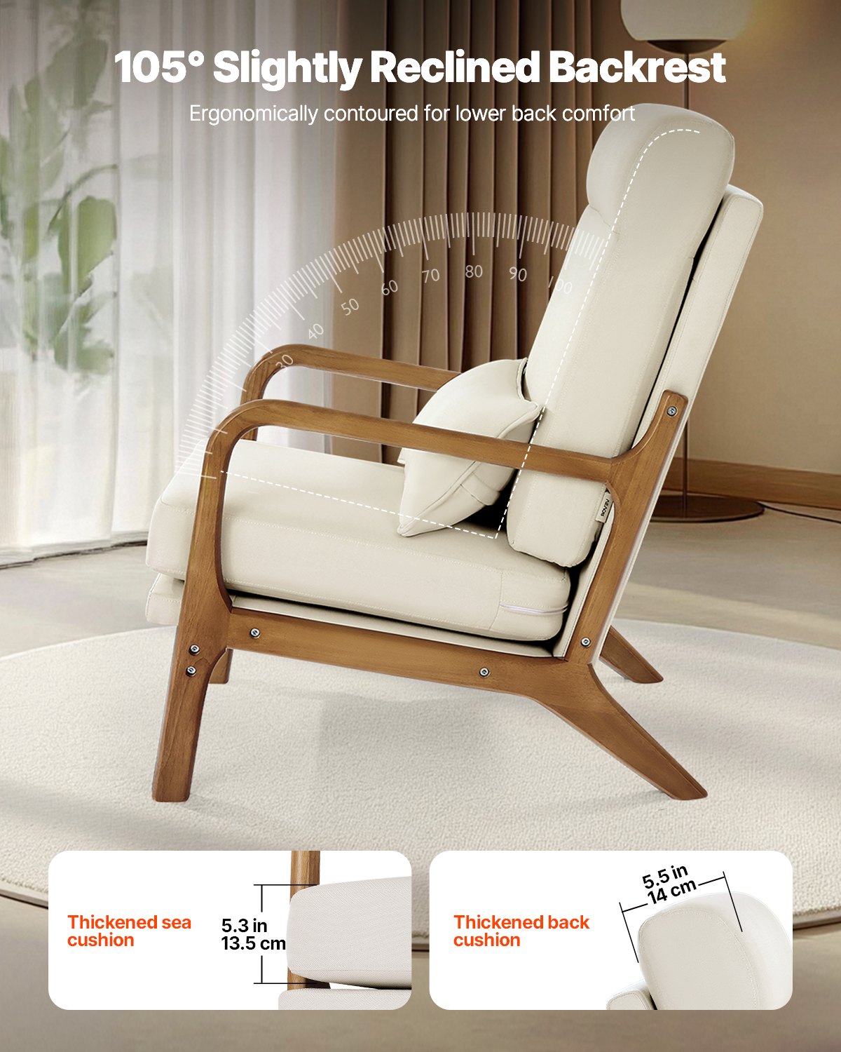 Accent Chair, High Back Mid Century Modern Armchair with Solid Wood Frame and Non-Slip Legs, Upholstered Leisure Chair with Linen Fabric and 5.3 in Thickened Cushion, for Living Room, Bedroom