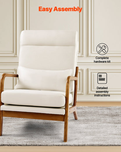 Accent Chair, High Back Mid Century Modern Armchair with Solid Wood Frame and Non-Slip Legs, Upholstered Leisure Chair with Linen Fabric and 5.3 in Thickened Cushion, for Living Room, Bedroom