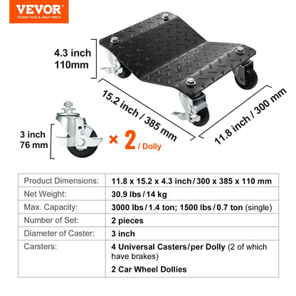 Wheel Dolly, 3000 lbs/1360 kg Car Dollies, Wheel Dolly Car Tire Stake Set of 2 Piece, Heavy-duty Car Tire Dolly Moving Cars, Trucks, Trailers, Motorcycles, and Boats