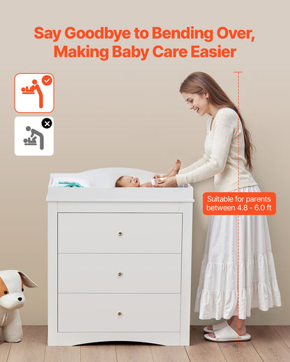 Changing Table Dresser, Baby Diaper Change Station with 3 Drawers, Multi-Functional Modern Changing Table Dresser with Storage Organizer Nursery for Children's Room, White