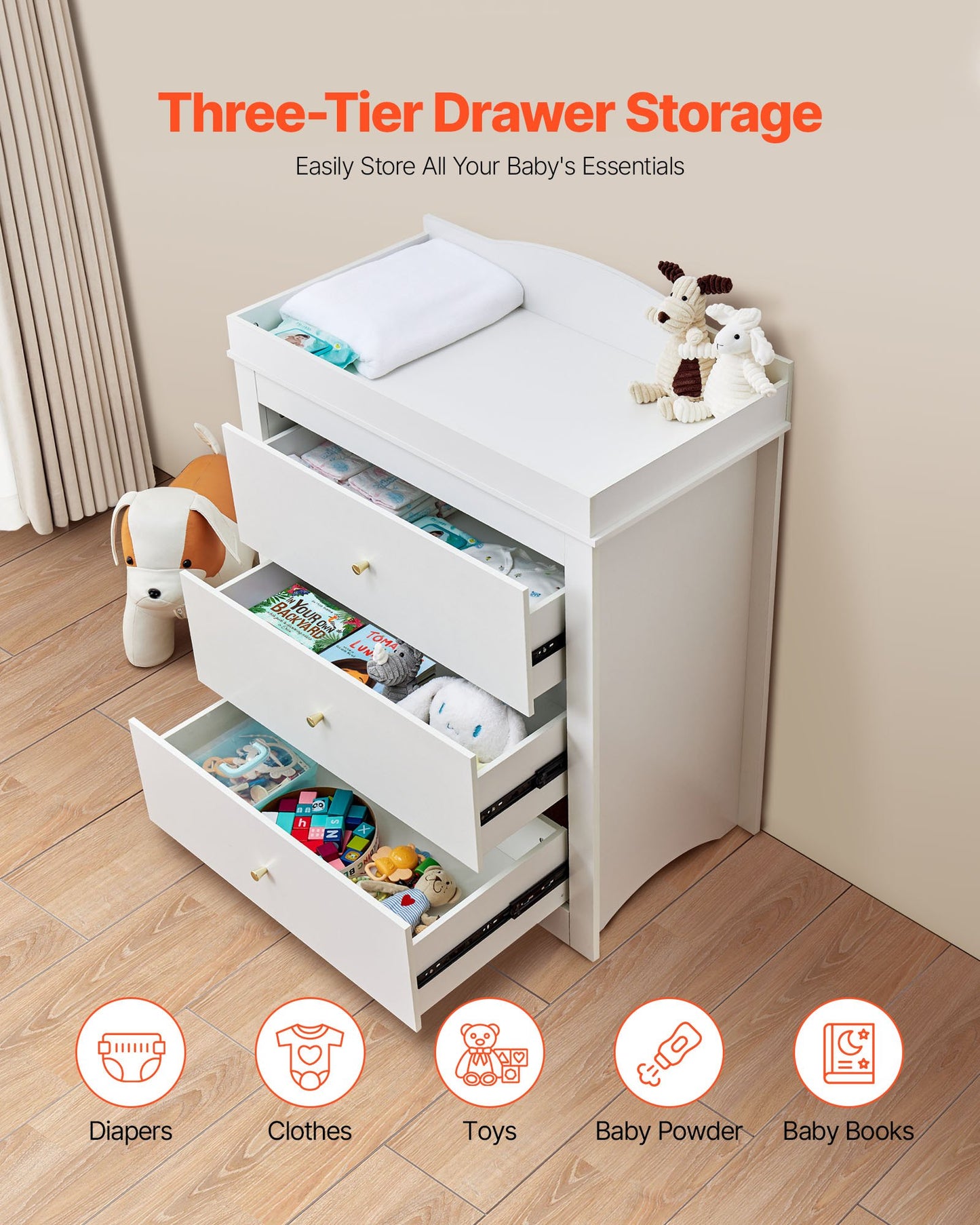 Changing Table Dresser, Baby Diaper Change Station with 3 Drawers, Multi-Functional Modern Changing Table Dresser with Storage Organizer Nursery for Children's Room, White
