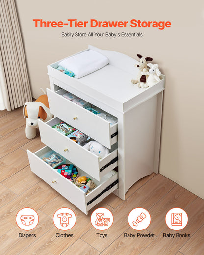 Changing Table Dresser, Baby Diaper Change Station with 3 Drawers, Multi-Functional Modern Changing Table Dresser with Storage Organizer Nursery for Children's Room, White
