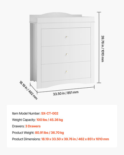 Changing Table Dresser, Baby Diaper Change Station with 3 Drawers, Multi-Functional Modern Changing Table Dresser with Storage Organizer Nursery for Children's Room, White