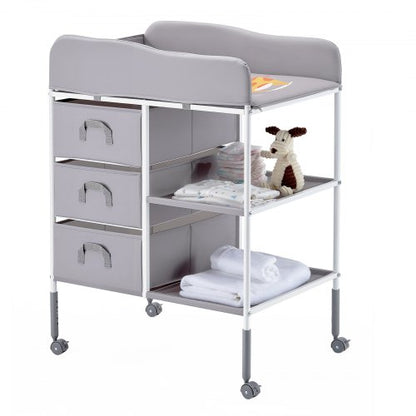 Baby Changing Table, Portable Diaper Change Station with 3 Fabric Drawers and Lockable Wheels, Adjustable Height Multi-Functional Changing Station Table with Storage Organizer Nursery, Gray