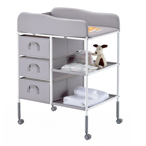 Baby Changing Table, Portable Diaper Change Station with 3 Fabric Drawers and Lockable Wheels, Adjustable Height Multi-Functional Changing Station Table with Storage Organizer Nursery, Gray