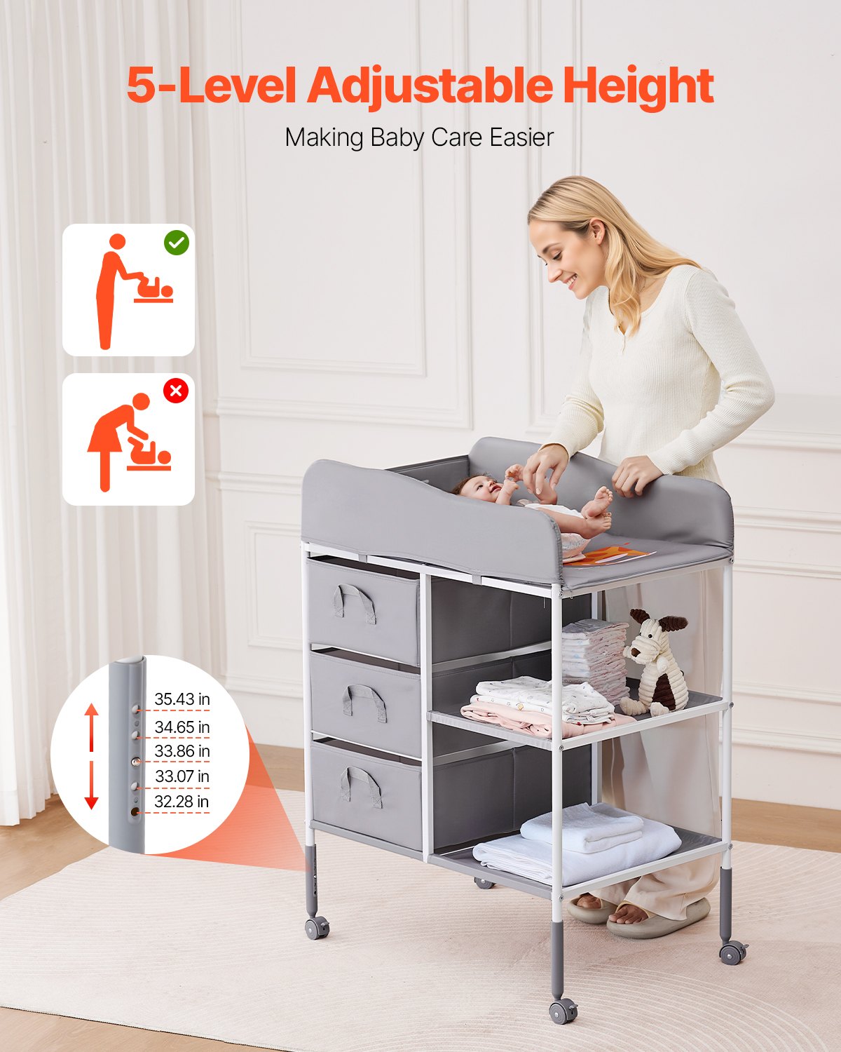 Baby Changing Table, Portable Diaper Change Station with 3 Fabric Drawers and Lockable Wheels, Adjustable Height Multi-Functional Changing Station Table with Storage Organizer Nursery, Gray