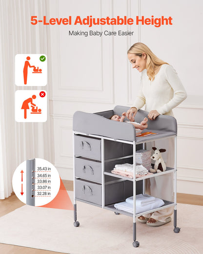 Baby Changing Table, Portable Diaper Change Station with 3 Fabric Drawers and Lockable Wheels, Adjustable Height Multi-Functional Changing Station Table with Storage Organizer Nursery, Gray