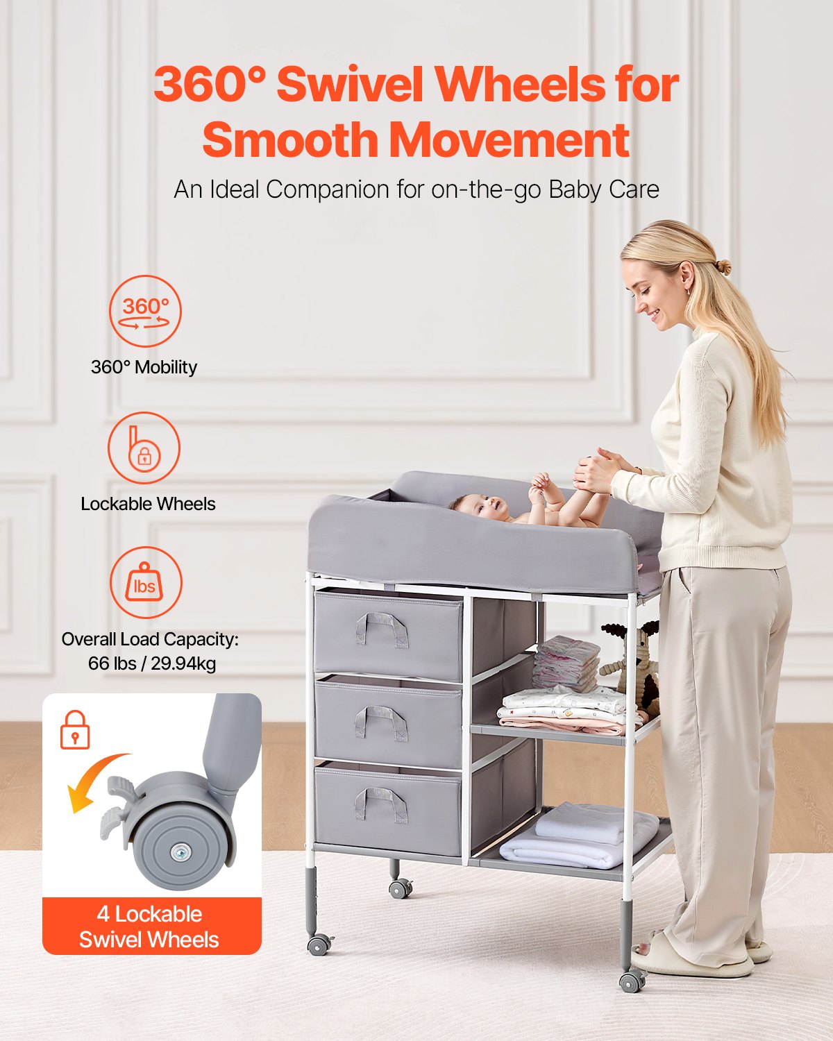 Baby Changing Table, Portable Diaper Change Station with 3 Fabric Drawers and Lockable Wheels, Adjustable Height Multi-Functional Changing Station Table with Storage Organizer Nursery, Gray