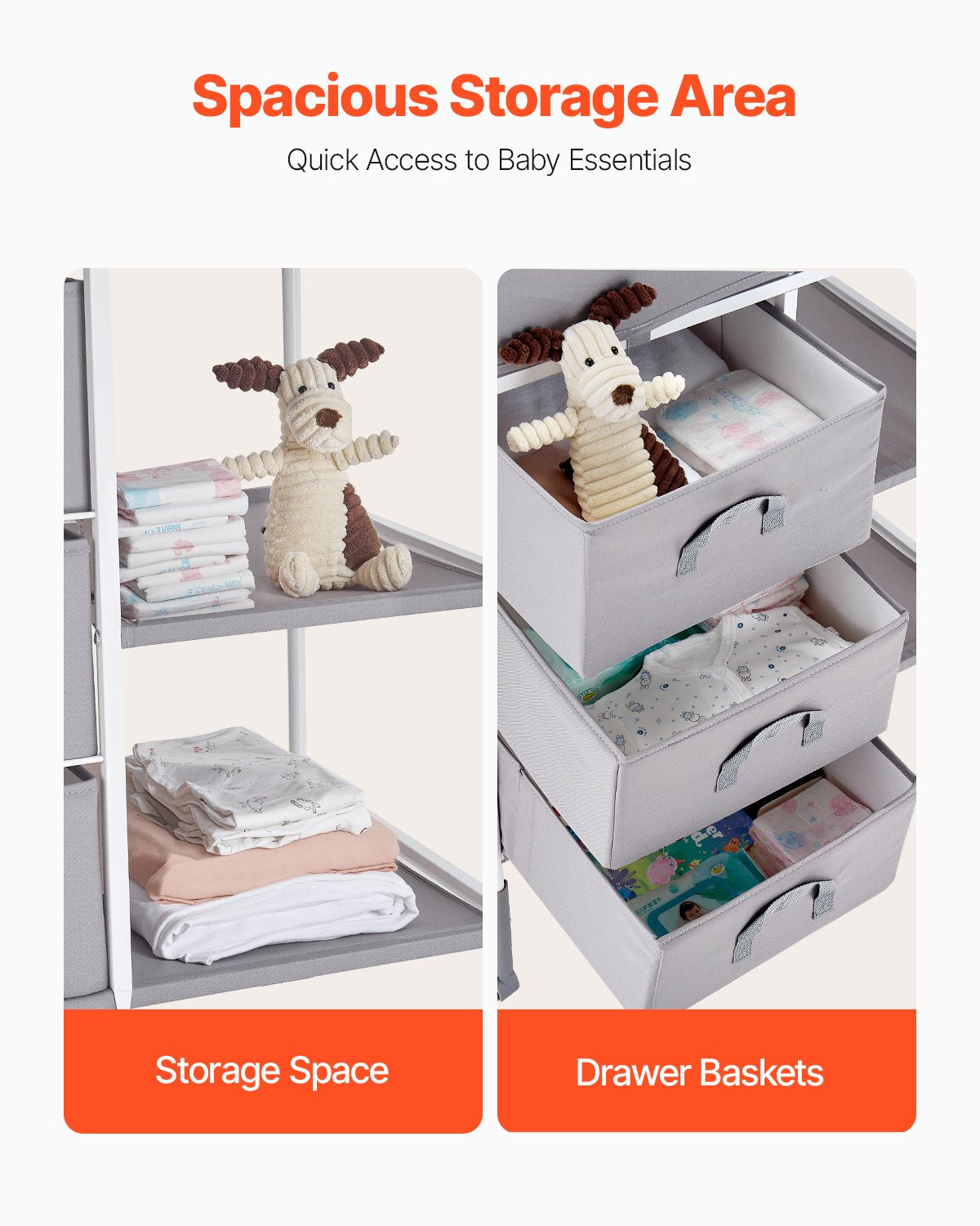 Baby Changing Table, Portable Diaper Change Station with 3 Fabric Drawers and Lockable Wheels, Adjustable Height Multi-Functional Changing Station Table with Storage Organizer Nursery, Gray