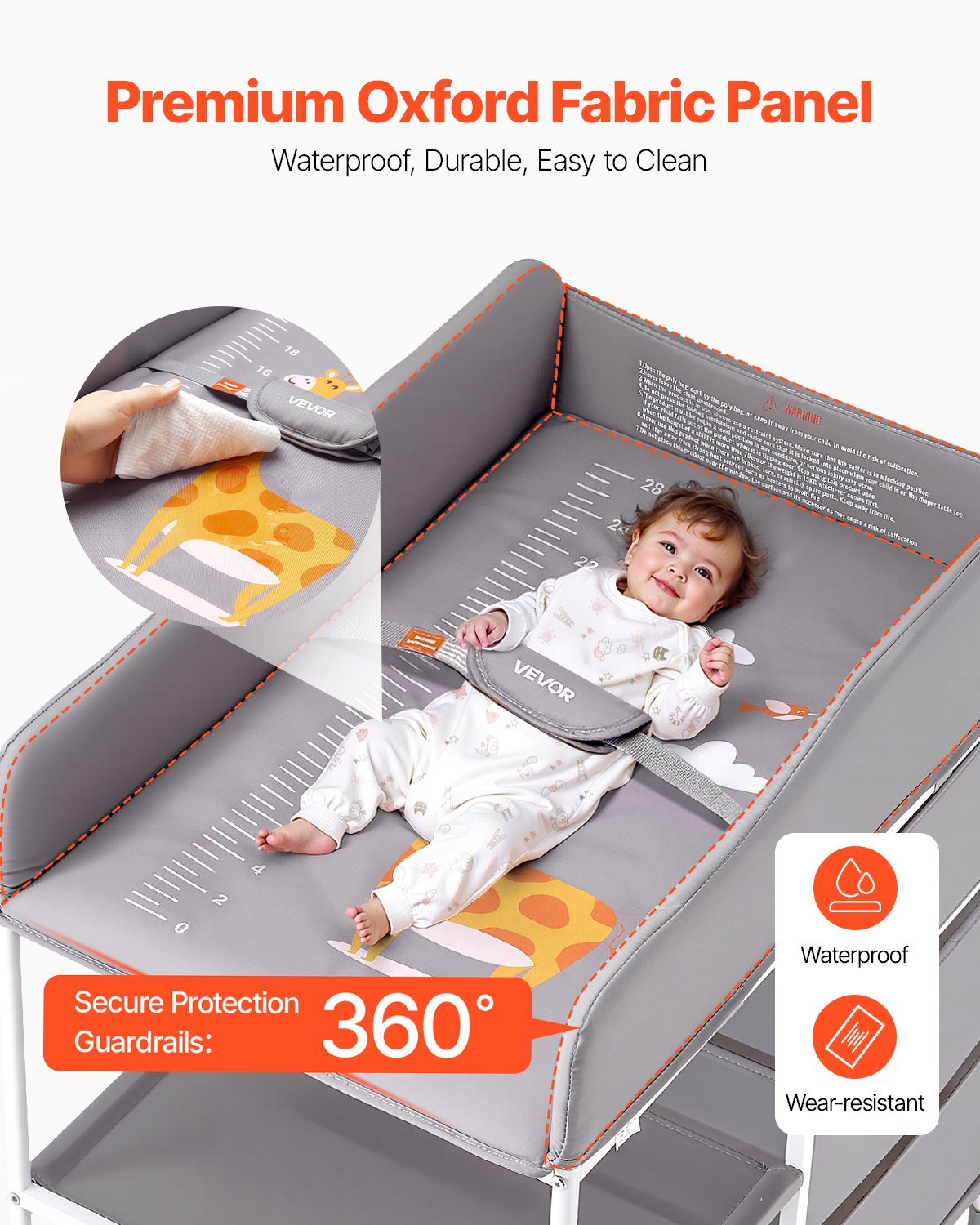 Baby Changing Table, Portable Diaper Change Station with 3 Fabric Drawers and Lockable Wheels, Adjustable Height Multi-Functional Changing Station Table with Storage Organizer Nursery, Gray