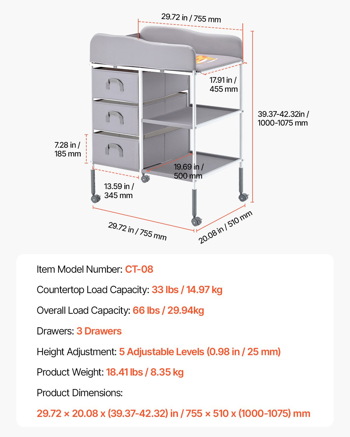 Baby Changing Table, Portable Diaper Change Station with 3 Fabric Drawers and Lockable Wheels, Adjustable Height Multi-Functional Changing Station Table with Storage Organizer Nursery, Gray