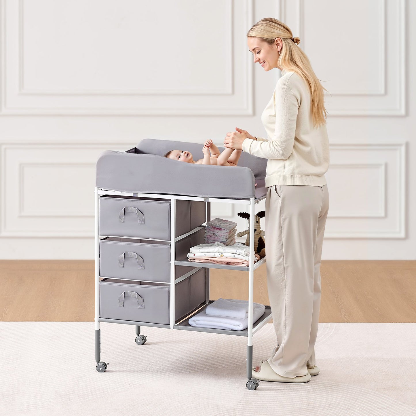 Baby Changing Table, Portable Diaper Change Station with 3 Fabric Drawers and Lockable Wheels, Adjustable Height Multi-Functional Changing Station Table with Storage Organizer Nursery, Gray
