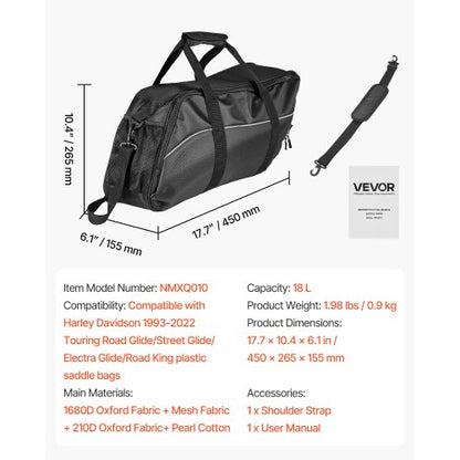 Motorcykel Sadelväska Innerväska, 18 L Insatsförvaring Resebagageväska Organizer, Kompatibel med Harley Davidson 1993-2022 Touring Road/Street Glide/Electra Glide/Road King Sadelväska, Svart |  EU