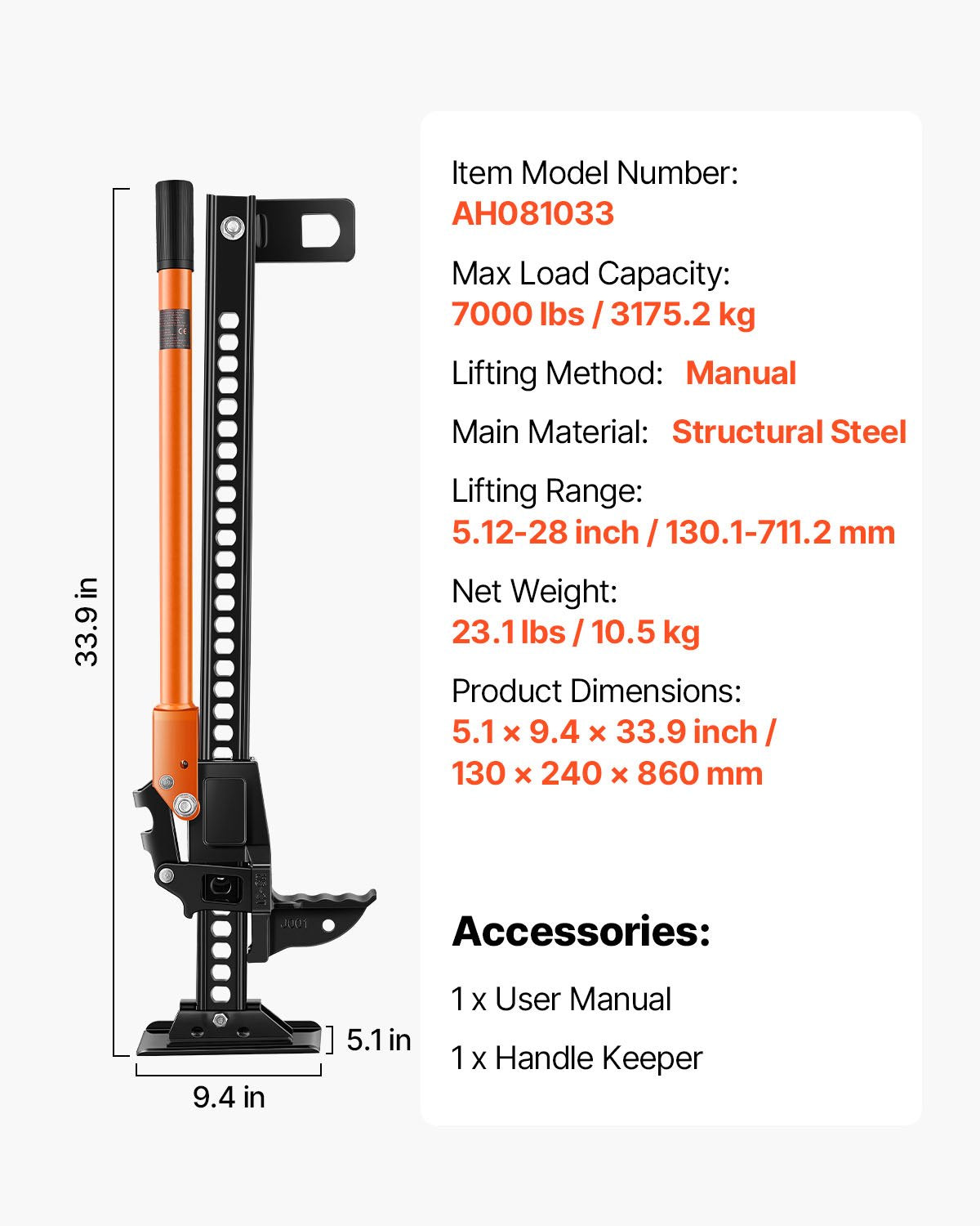 Farm Jack, 34" Utility High Lift Farm Jack, 3.18 Ton (7,000 lbs) Capacity Ratcheting Off Road Utility Jacks, Heavy-Duty Lift Jacks with 5.12"-28" Lifting Range for Tractor, Truck, SUV