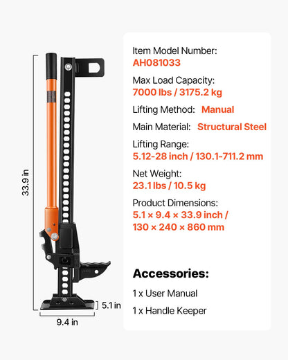 Farm Jack, 34" Utility High Lift Farm Jack, 3.18 Ton (7,000 lbs) Capacity Ratcheting Off Road Utility Jacks, Heavy-Duty Lift Jacks with 5.12"-28" Lifting Range for Tractor, Truck, SUV