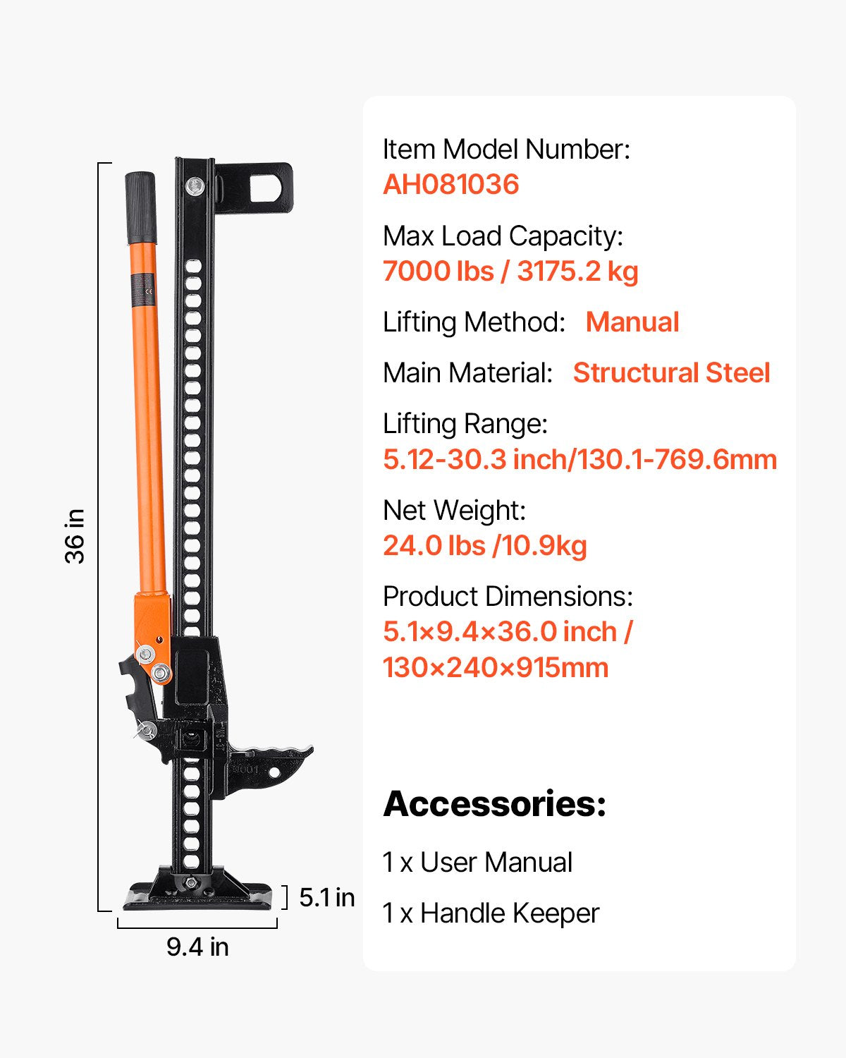 Farm Jack, 36" Utility High Lift Farm Jack, 3.18 Ton (7,000 lbs) Capacity Ratcheting Off Road Utility Jacks, Heavy-Duty Lift Jacks with 5.12"-30.3" Lifting Range for Tractor, Truck, SUV