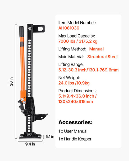 Farm Jack, 36" Utility High Lift Farm Jack, 3.18 Ton (7,000 lbs) Capacity Ratcheting Off Road Utility Jacks, Heavy-Duty Lift Jacks with 5.12"-30.3" Lifting Range for Tractor, Truck, SUV