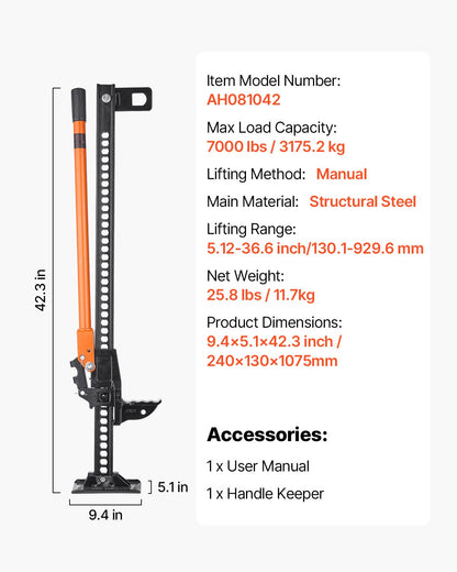 Farm Jack, 42" Utility High Lift Farm Jack, 3.18 Ton (7,000 lbs) Capacity Ratcheting Off Road Utility Jacks, Heavy-Duty Lift Jacks with 5.12"-36.6" Lifting Range for Tractor, Truck, SUV
