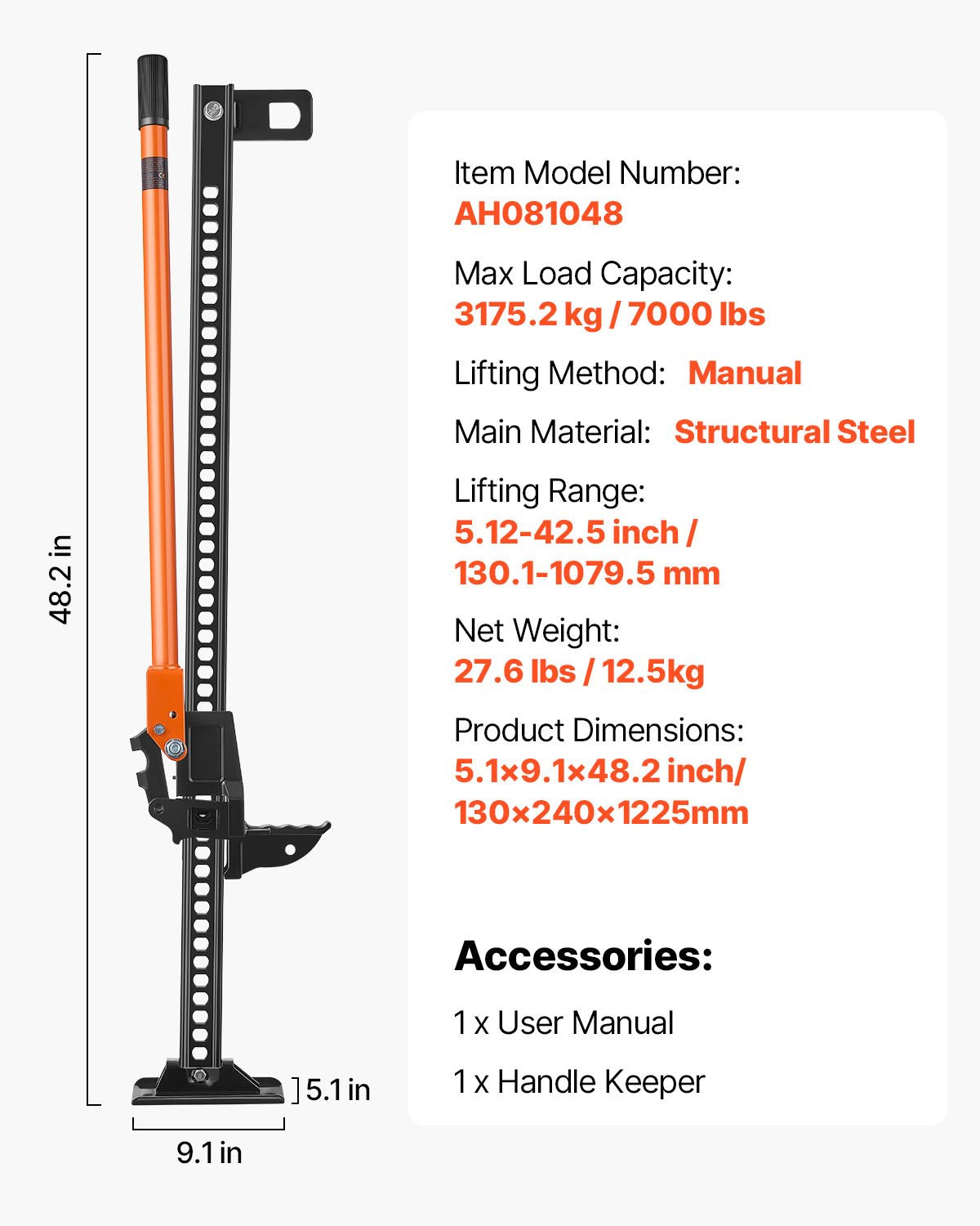 Farm Jack, 48" Utility High Lift Farm Jack, 3.18 Ton (7,000 lbs) Capacity Ratcheting Off Road Utility Jacks, Heavy-Duty Lift Jacks with 5.12"-42.5" Lifting Range for Tractor, Truck, SUV