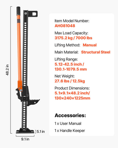 Farm Jack, 48" Utility High Lift Farm Jack, 3.18 Ton (7,000 lbs) Capacity Ratcheting Off Road Utility Jacks, Heavy-Duty Lift Jacks with 5.12"-42.5" Lifting Range for Tractor, Truck, SUV
