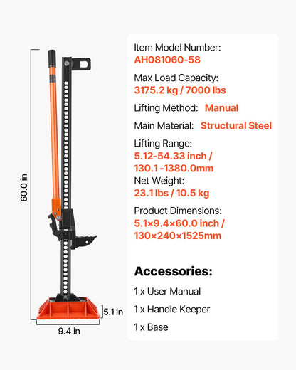 Farm Jack with Base, 60" Utility High Lift Farm Jack, 3.18 Ton (7,000 lbs) Capacity Ratcheting Off Road Utility Jacks, Heavy-Duty Lift Jacks with 5.12"-54.33" Lifting Range for Tractor, Truck, SUV
