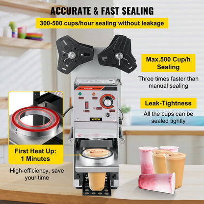 Semi-automatic Cup Sealing Machine, 300-500 Cup/h Tea Cup Sealer Machine, Silver Boba Cup Sealer Machine, 90/95mm Cup Diameter Boba Cup Sealing Machine with Control Panel for Bubble Milk Tea