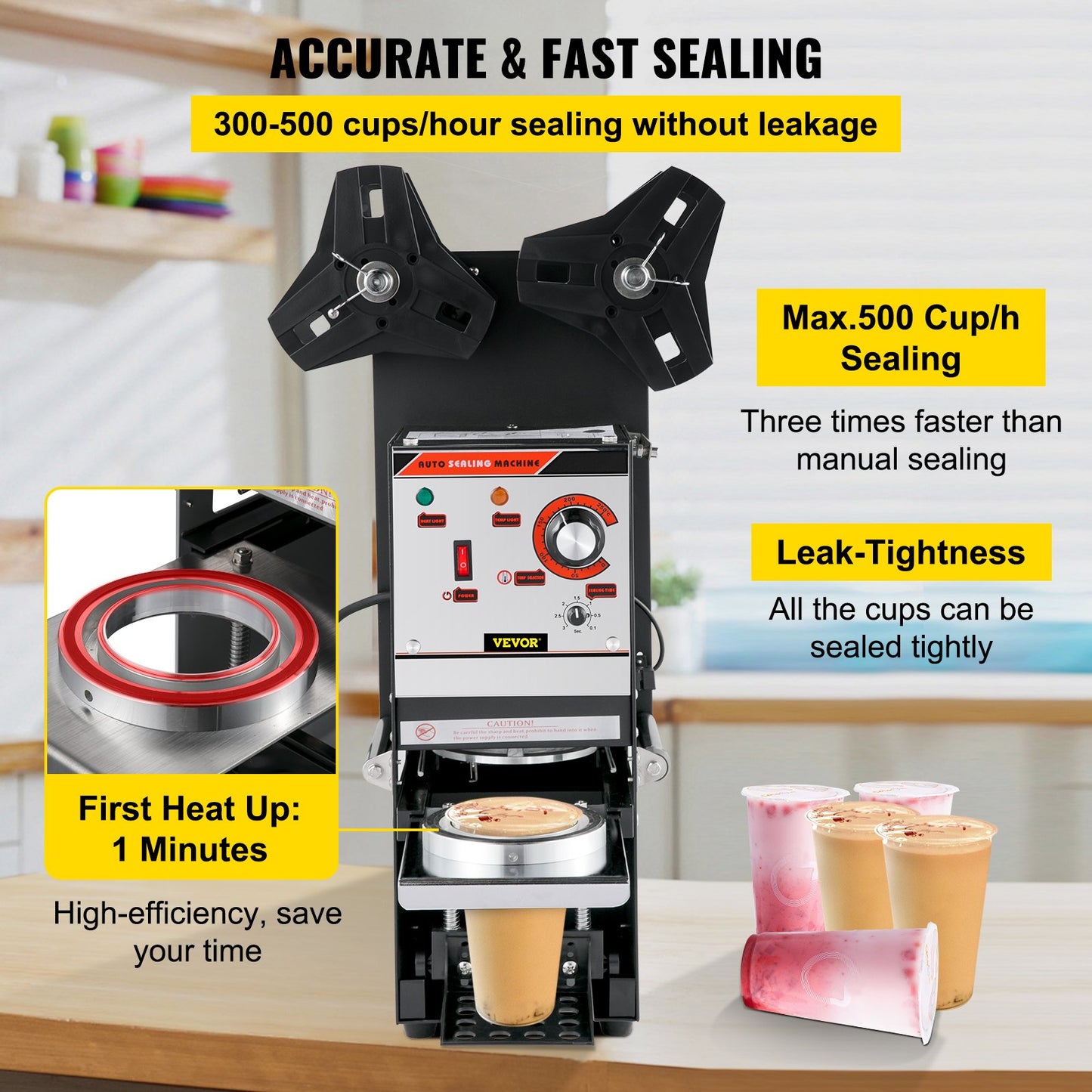 Semi-automatic Cup Sealing Machine, 300-500 Cup/h Tea Cup Sealer Machine, Black Boba Cup Sealer Machine, 90/95mm Cup Diameter Boba Cup Sealing Machine with Control Panel for Bubble Milk Tea