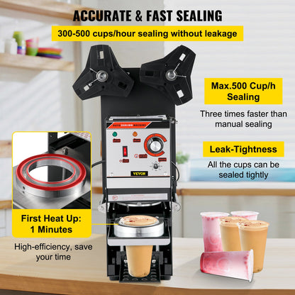Semi-automatic Cup Sealing Machine, 300-500 Cup/h Tea Cup Sealer Machine, Black Boba Cup Sealer Machine, 90/95mm Cup Diameter Boba Cup Sealing Machine with Control Panel for Bubble Milk Tea