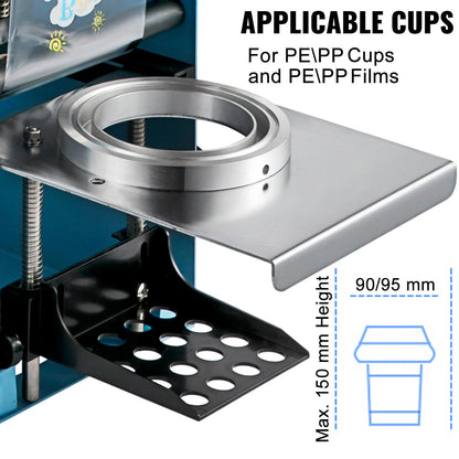 Manual Tea Cup Sealer Machine, 300-500 Cup/h Manual Boba Tea Sealer Machine, Blue Boba Tea Sealing Machine, 90/95mm Cup Diameter Cup Sealing Machine with Heating Technology for Bubble Milk Tea