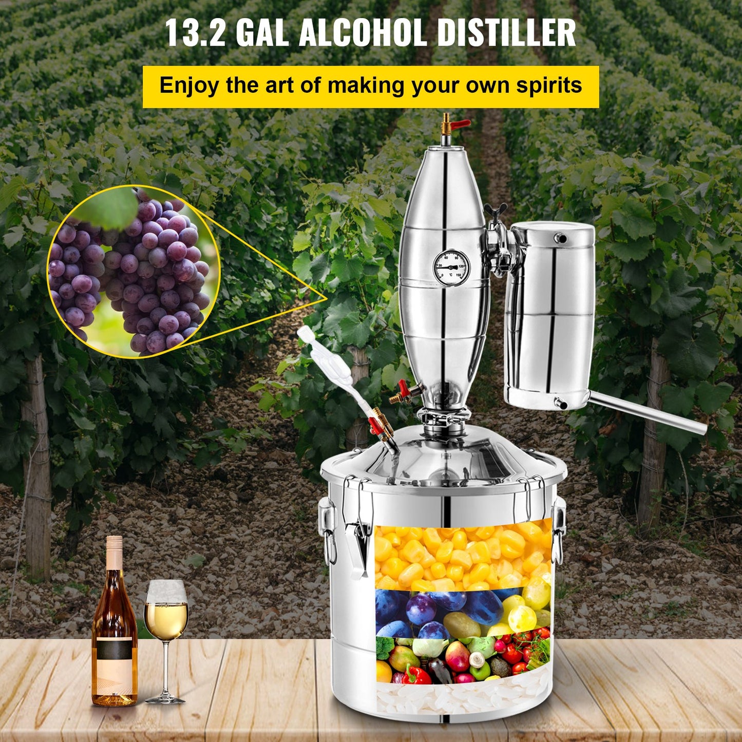 50L 13.2Gal Water Alcohol Distiller 304 Stainless Steel Alcohol Still Wine Making Boiler Home Kit with Thermometer for Whiskey Brandy Essential, Sliver