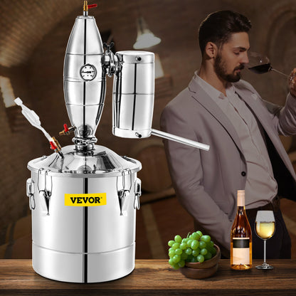 50L 13.2Gal Water Alcohol Distiller 304 Stainless Steel Alcohol Still Wine Making Boiler Home Kit with Thermometer for Whiskey Brandy Essential, Sliver