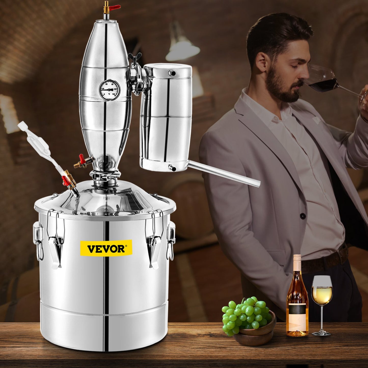 70L 18.5Gal Water Alcohol Distiller 304 Stainless Steel Alcohol Still Wine Making Boiler Home Kit with Thermometer for Whiskey Brandy Essential, Sliver