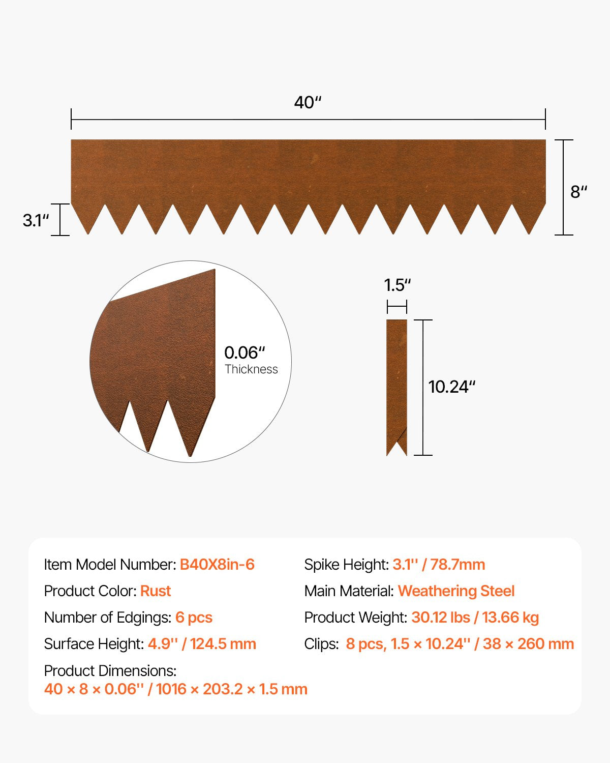 Stål Landskapskant 6-pack 40 x 8 tum väderbeständig för trädgårdsgräs