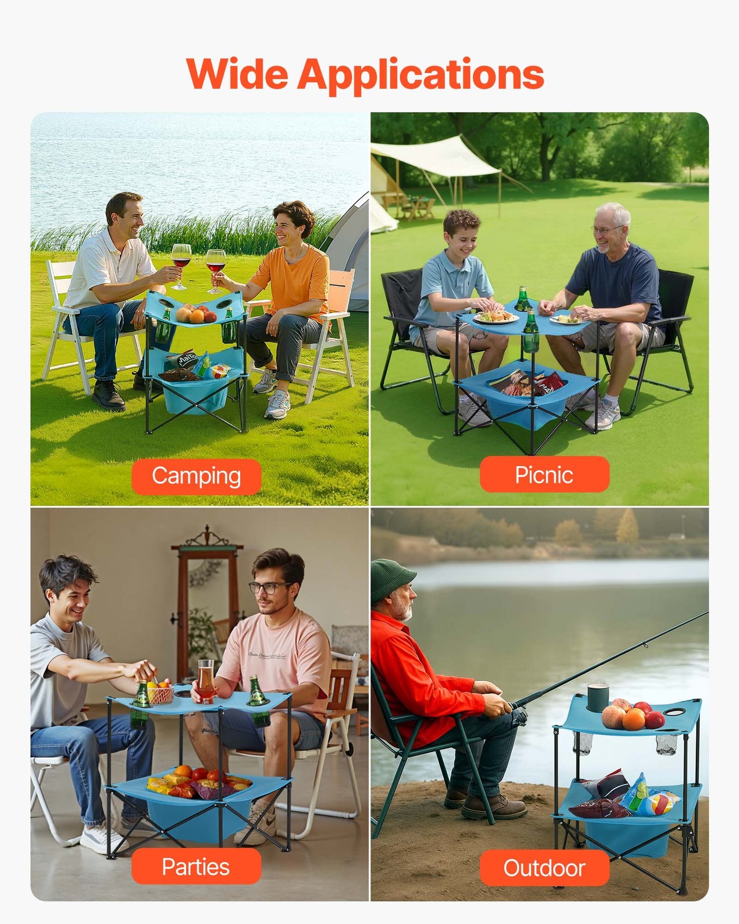 Folding Camping Table, Portable Outdoor Lightweight Picnic Table, 600D Oxford Fabric Waterproof Canvas Travel Beach Tables, with 4 Cup Holders, Carry Bag, for Tailgating Camping Picnic, Blue