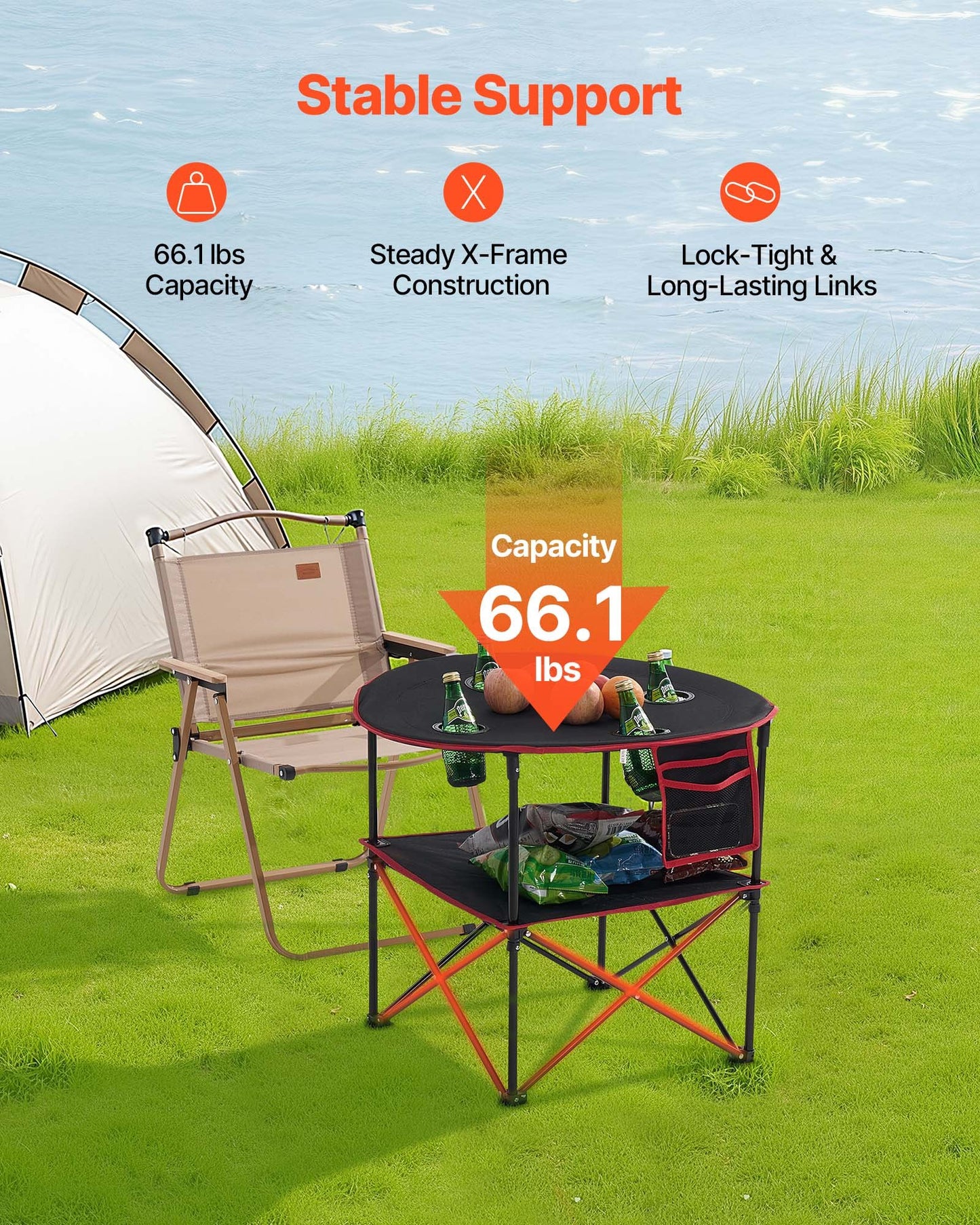 Folding Camping Table, Portable Outdoor Lightweight Picnic Table, 600D Oxford Fabric Waterproof Canvas Travel Beach Tables, with 4 Cup Holders, Carry Bag, for Tailgating Camping Picnic, Black