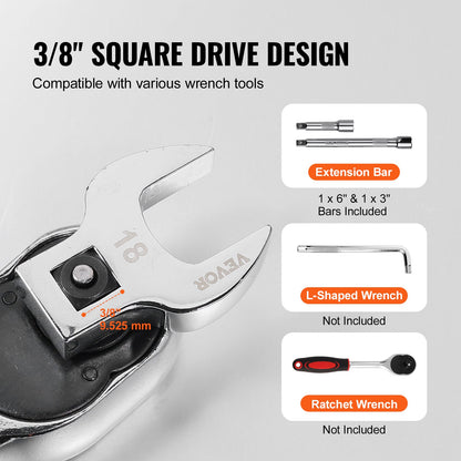 Hahnenfußschlüsselsatz, 3/8-Zoll-Antrieb, 20-teiliger Hahnenfußschlüsselsatz mit 2 Verlängerungen und EVA-Werkzeug-Organizer, SAE 3/8"-7/8" und metrisch 10-22 mm, 40CR-Material mit hochglanzverchromter Oberfläche