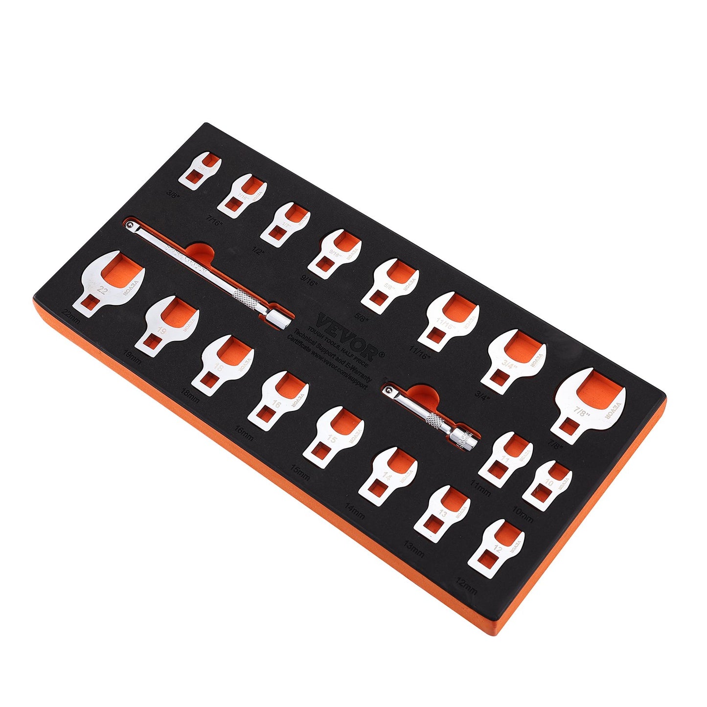 Hahnenfußschlüsselsatz, 3/8-Zoll-Antrieb, 20-teiliger Hahnenfußschlüsselsatz mit 2 Verlängerungen und EVA-Werkzeug-Organizer, SAE 3/8"-7/8" und metrisch 10-22 mm, 40CR-Material mit hochglanzverchromter Oberfläche