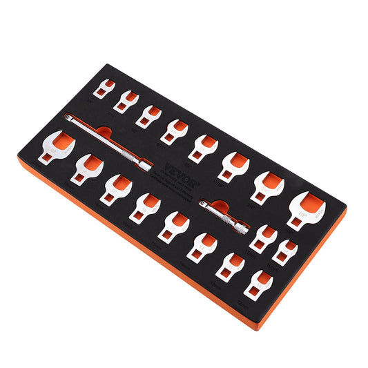 Crowfoot skiftnyckelsats, 3/8" Drive 20-delad Crowfoot skiftnyckelsats med 2 förlängningsstänger och EVA Tool Organizer, SAE 3/8"-7/8" och metriskt 10-22 mm, 40CR Material med spegelkromfinish