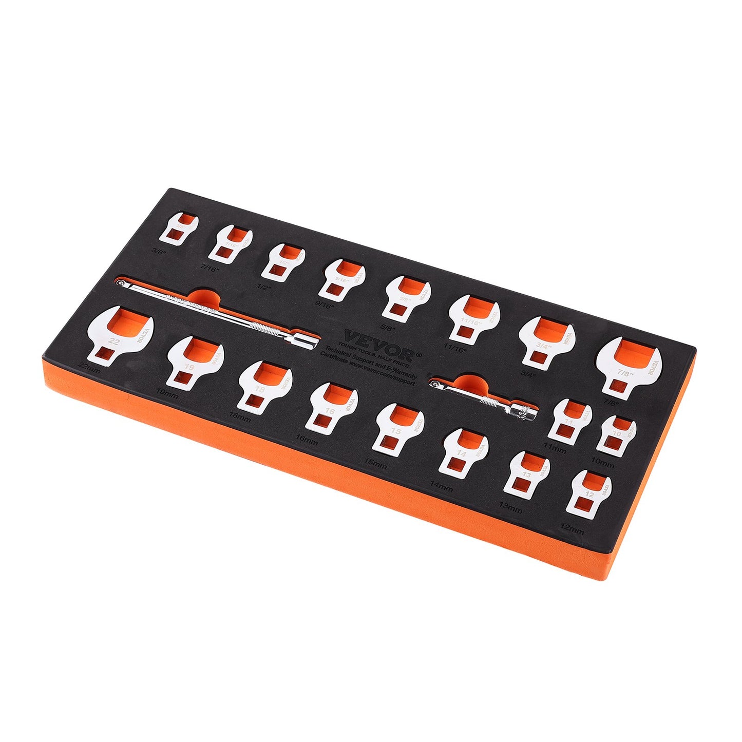 Hahnenfußschlüsselsatz, 3/8-Zoll-Antrieb, 20-teiliger Hahnenfußschlüsselsatz mit 2 Verlängerungen und EVA-Werkzeug-Organizer, SAE 3/8"-7/8" und metrisch 10-22 mm, 40CR-Material mit hochglanzverchromter Oberfläche