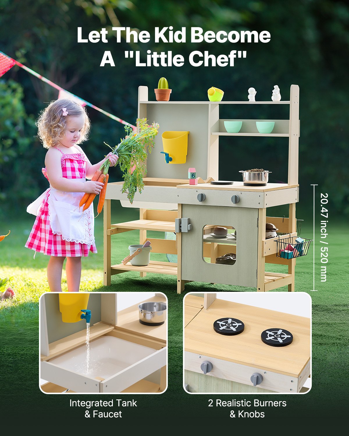 Mud Kitchen for Kids, Wooden Toy Play Kitchen Set, Outdoor Toddler Grocery Store Playset, Pretend Play Kitchen with Stoves, Tank, Faucet, Storage Bag, Metal Baskets, and Cookware Pots