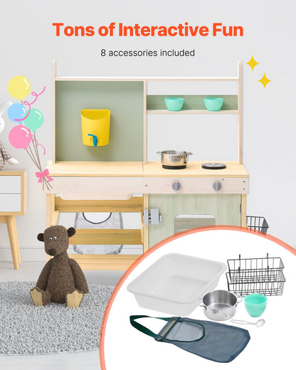 Mud Kitchen for Kids, Wooden Toy Play Kitchen Set, Outdoor Toddler Grocery Store Playset, Pretend Play Kitchen with Stoves, Tank, Faucet, Storage Bag, Metal Baskets, and Cookware Pots