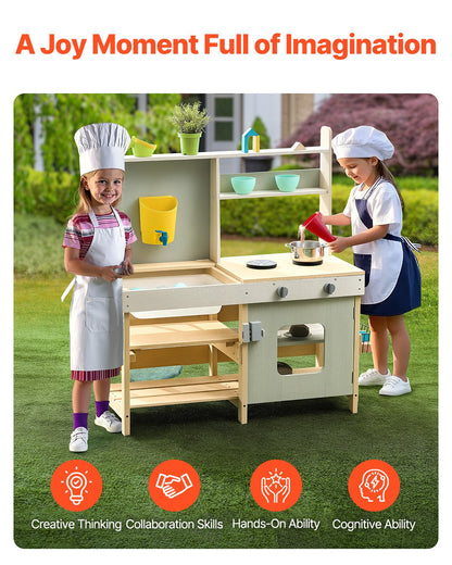 Mud Kitchen for Kids, Wooden Toy Play Kitchen Set, Outdoor Toddler Grocery Store Playset, Pretend Play Kitchen with Stoves, Tank, Faucet, Storage Bag, Metal Baskets, and Cookware Pots