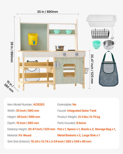 Mud Kitchen for Kids, Wooden Toy Play Kitchen Set, Outdoor Toddler Grocery Store Playset, Pretend Play Kitchen with Stoves, Tank, Faucet, Storage Bag, Metal Baskets, and Cookware Pots