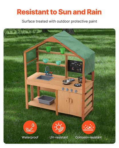 Mud Kitchen for Kids, Wooden Toy Play Kitchen Set with Accessories, Outdoor Toddler Grocery Store Playset, Pretend Play Kitchen with Stoves, Planter Boxes, Sink, Faucet, Blackboard, Cookware Pot