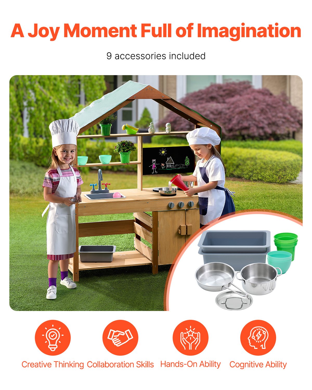 Mud Kitchen for Kids, Wooden Toy Play Kitchen Set with Accessories, Outdoor Toddler Grocery Store Playset, Pretend Play Kitchen with Stoves, Planter Boxes, Sink, Faucet, Blackboard, Cookware Pot